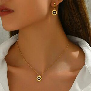 18K GOLD DIPPED CIRCLE BLACK AND CRYSTAL CIRCLE PENDANT NECKLACE AND EARRINGS